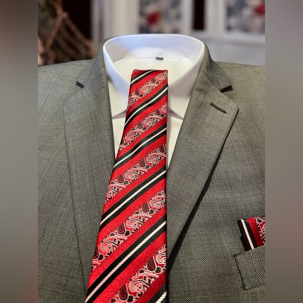 Men’s 2 Piece Tie Set Red Black Striped Tie Pocket Square 57.75"x3.25"